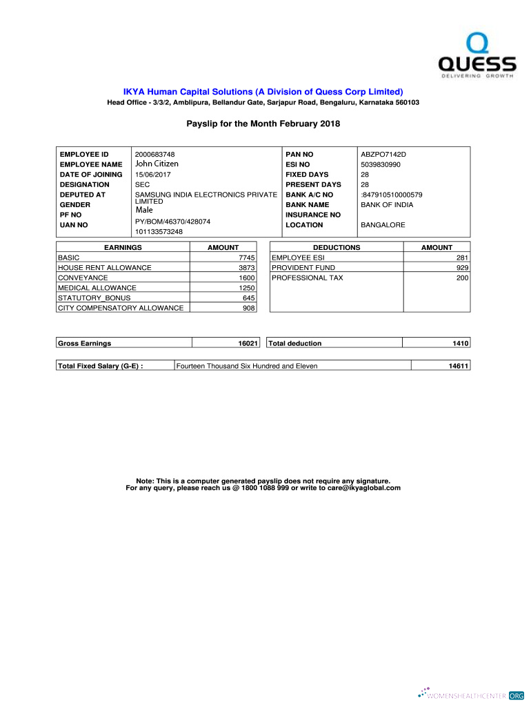 Download INDIA IKYA Human Capital Solutions payslip in Word and PDF formats Photoshop template
